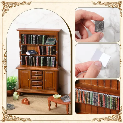 Vista 3 de Estantería de madera a escala 1:12, 48 libros, color marrón Muebles en miniatura para casa de muñecas, escena de biblioteca, regalo de rincón