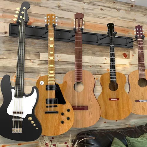 Vista 7 de LEKATO Soporte de pared para guitarra para múltiples guitarras, 5 perchas ajustables, soporte de pared para guitarra, clips fijos, soporte