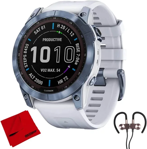 Vista 11 de Garmin Fenix 7X Pro Sapphire Solar, reloj inteligente GPS multideportivo, linterna integrada, carga solar, titanio con banda gris niebla/naranja