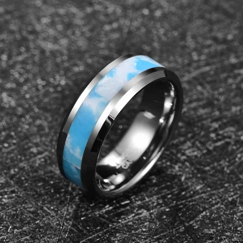 Vista 2 de MEILING LINGMEI Mens Tungsten Rings 8mm Blue and White Artificial Stone Inlay Wedding Bands Comfort Fit Size 7-12