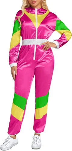 Vista 8 de Yisfri Traje retro de una pieza con bloques de color para mujer, traje retro de los años 80 con cintura elástica con capucha