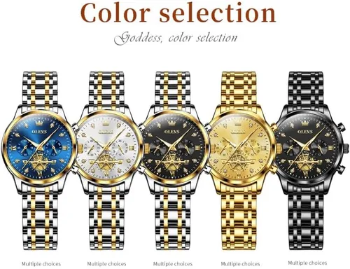 Vista 6 de OLEVS Reloj multifuncional de dos tonos para mujer, reloj analógico de cuarzo para mujer, de acero inoxidable, resistente al agua, con diamantes