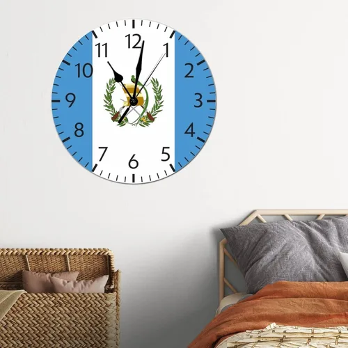 Vista 4 de Reloj de pared de madera con bandera de Guatemala, con banderas nacionales, funciona con pilas, sin tictac, 12 pulgadas, reloj de pared rústico