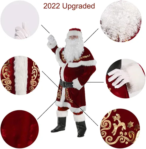 Vista 2 de 2022 Upgraded Mens 10pcs Santa Costume Set Adult Christmas Velvet Santa Claus Suit