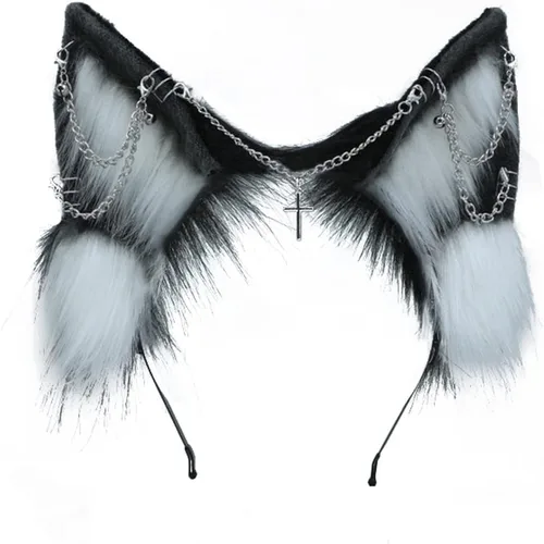 Vista 4 de VIGVAN Orejas de zorro de lobo hechas a mano Animal Cosplay Cute Head Accesorios para Halloween (negro)