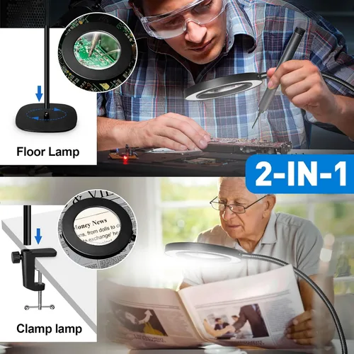 Vista 7 de HITTI Lupa de suelo de 10 veces con luz, lámpara de pie flexible de cuello de cisne, 3 modos de color, soporte de lupa con luz LED regulable
