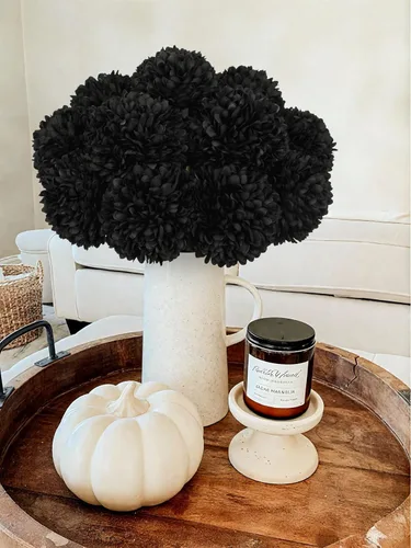 Vista 4 de Briful 12 tallos artificiales de crisantemo negro – Cabezas de flores de seda de 11 pulgadas de alto con hojas verdes, tallos flexibles