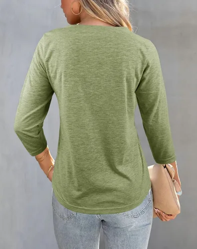 Vista 4 de Dailiup Camisetas de manga 34 con cuello en V para mujer, cárdigan con botones, estilo casual, color liso, camisetas básicas, blusas
