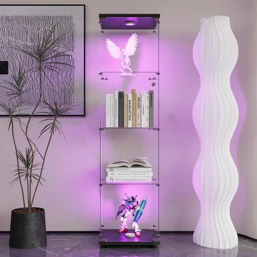 Vista 4 de Vitrina de cristal con luces LED y cerradura, vitrina Curio de 4 niveles con puerta de cristal, estantería de pie para sala de estar, dormitorio