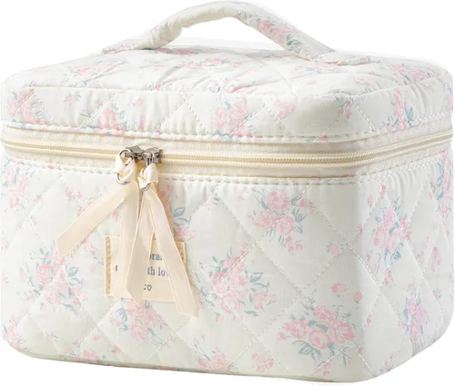 Vista 24 de HBselect Bolsa de Maquillaje Acolchada, Bolsa de Maquillaje Grande de Algodón para Viaje, Lindas Bolsas de Maquillaje con Flores Coquette, Bolsas