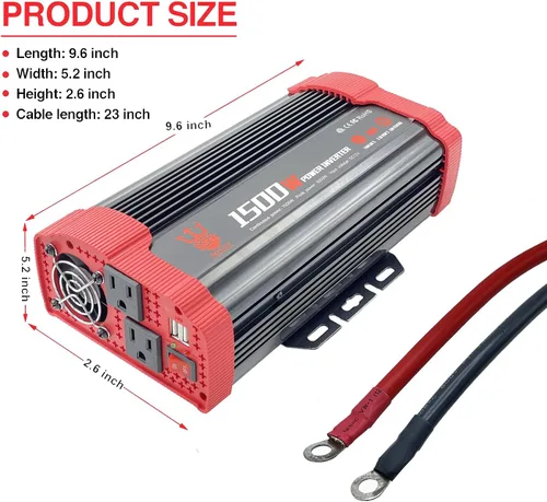 Vista 2 de Inversor de corriente para automóvil de 1500 W, convertidor de CC de 12 V a 110 V CA con 2 salidas de cargador y puertos USB duales de 3.1 A