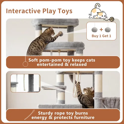 Vista 9 de Heybly Árbol para gatos, torre aerodinámica de 74 pulgadas para gatos grandes con condominios apilados de 3 niveles, muebles para gatos con percha