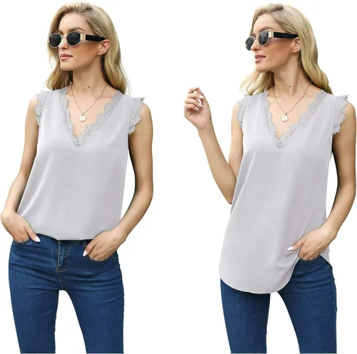 Vista 206 de VIISHOW - Camiseta sin mangas, sexy, con cuello en V y bordes de encaje para mujer, camisola de vestir, camisas de gasa, sin mangas, casuales