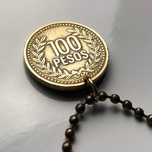 Vista 4 de 2006 Colombia 100 Pesos coin pendant Colombian flags Andean condor Bogota Medellin Cali Barranquilla Cartagena Antioquia Valle del Cauca Cúcuta