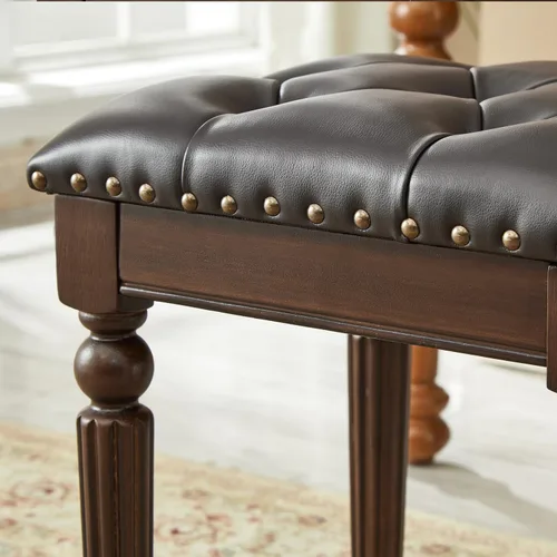 Vista 6 de Taburete de tocador con cojín de cuero de microfibra, silla de tocador otomana con patas de madera maciza para dormitorio, sala de maquillaje