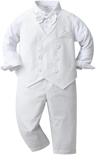 Vista 36 de IDOPIP Trajes de otoño e invierno para niños pequeños, camisa de manga larga con corbatín + chaleco + pantalones largos, overoles