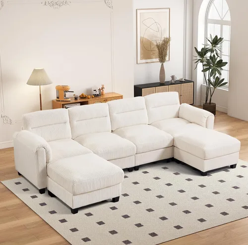 Vista 72 de HAOMARKETS Sofá esquinero modular en forma de L de 115 pulgadas con 2 otomanas móviles, sofás de pana de 8 plazas con cojín grueso para sala de Beige