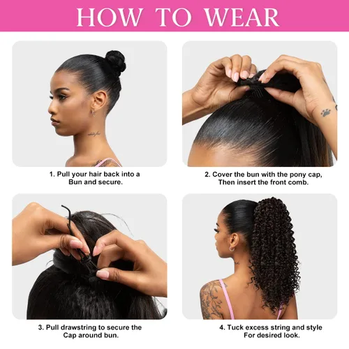 Vista 6 de Extensiones de cabello con cordón en forma de cola de caballo rizada para mujeres negras de 16 pulgadas de largo, peluca sintética afro esponjosa