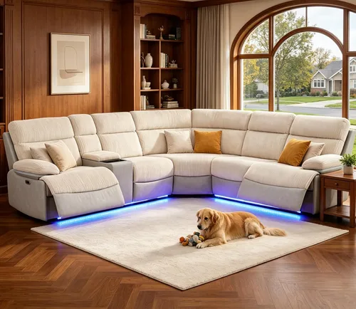 Vista 16 de Juego de sofá seccional reclinable de cuero, sofá seccional con 4 sillones reclinables Juegos de muebles de sala con 3 reclinables, luz LED