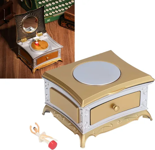 Vista 5 de Caja de joyería de música bailarina, caja de joyería musical, pequeña caja de joyería con tema de bailarina giratoria, color blanco plateado