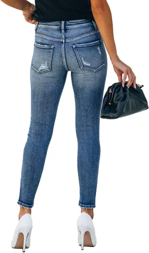 Vista 6 de Allimy Jeans de tiro alto, ajustados y elásticos para mujer, diseño de mezclilla, desgastados y rasgados