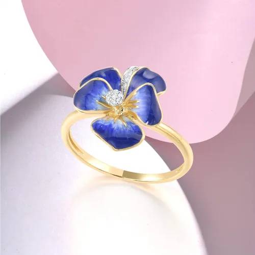 Vista 3 de Santuzza Anillo de diamante genuino de flor esmaltada de oro sólido amarillo de 10 quilates para mujer