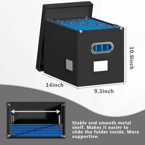 Vista 4 de Caja de archivos colgante con tapa, organizador de archivos, caja de almacenamiento plegable de lino, gabinete de archivos decorativo para Negro
