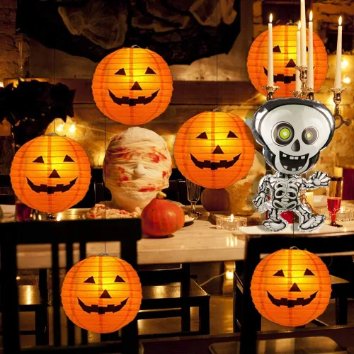 Vista 6 de 10 faroles de papel de calabaza de Halloween, farol Jack O Lantern de papel colgante de calabaza para fiestas de Halloween, decoración de jardín, 12