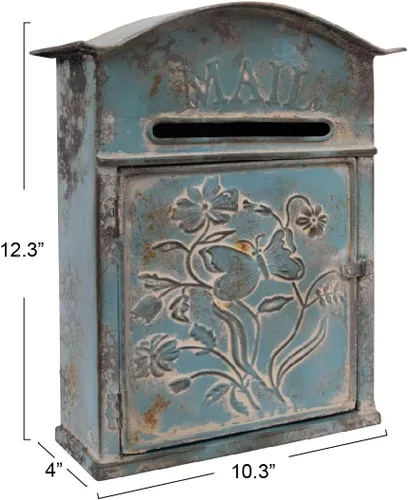 Vista 2 de Creative Co-Op Caja de correo de lata en relieve azul envejecido