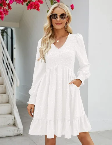 Vista 2 de Shermia Vestido de manga larga con cuello en V para mujer, vestidos fruncidos de gasa, mini vestido babydoll con bolsillos