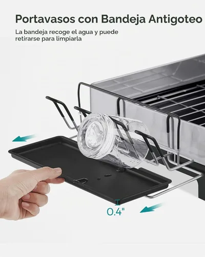 Vista 9 de SONGMICS Escurridor de platos, acero inoxidable, boquilla extensible Plata + Negro