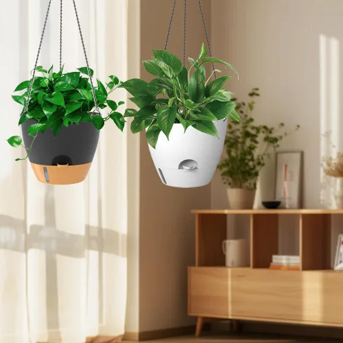 Vista 5 de Paquete de 2 macetas colgantes, macetas colgantes de riego automático de 10 pulgadas para plantas de interior y exterior, cesta colgante para negro