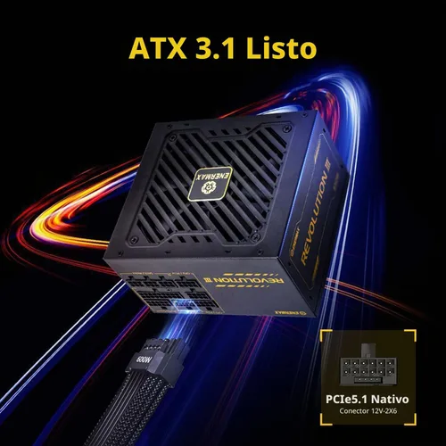 Vista 3 de ENERMAX Revolution III 850 - Fuente de alimentación PC totalmente modular - 850 vatios - 80 Plus Gold - 600 W 12V-2x6 Conector - 100% Capacitores