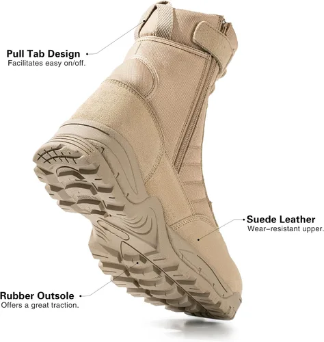 Vista 4 de Botas militares tácticas de trabajo para hombre, de piel negra, impermeables, para motocicleta, combate, militar, con cremallera lateral