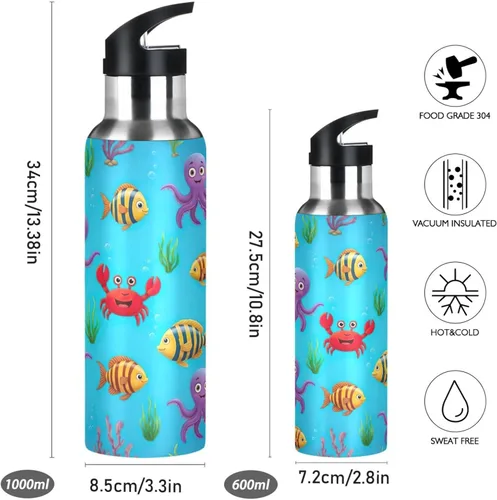 Vista 2 de Stainless Steel Water Bottle 20 Oz, Leakproof Water Bottles for Gym Outdoor Travel School, Cute Colorful Cartoon Fish