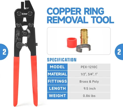 Vista 3 de iCRIMP ICP-1234AH Kit de Herramientas de Crimpado PEX - Anillos de Crimpado de Cobre de 1/2 pulgada y 3/4 pulgada, Crimpadora de Doble