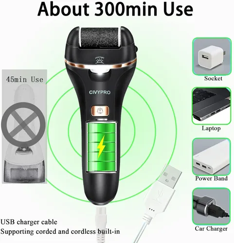Vista 2 de Removedor eléctrico de callos de pies, largo tiempo de servicio, lima electrónica recargable para pies, regalo ideal, herramientas de pedicura Negro