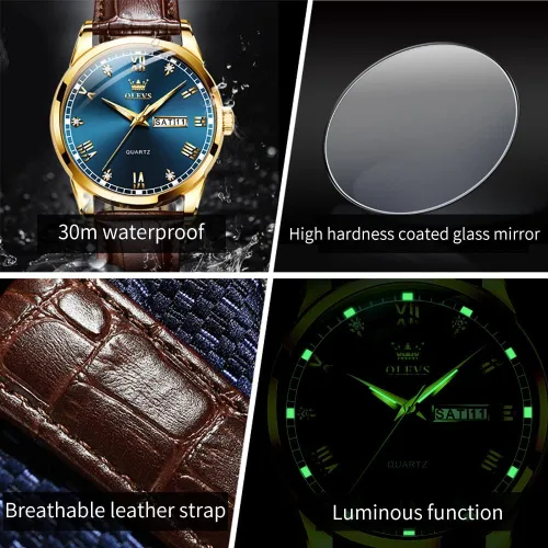 Vista 4 de OLEVS Tienda Watches, reloj de cuero marrón para hombre, reloj de fecha para hombre, reloj luminoso para hombre, reloj de vestir para hombre, reloj