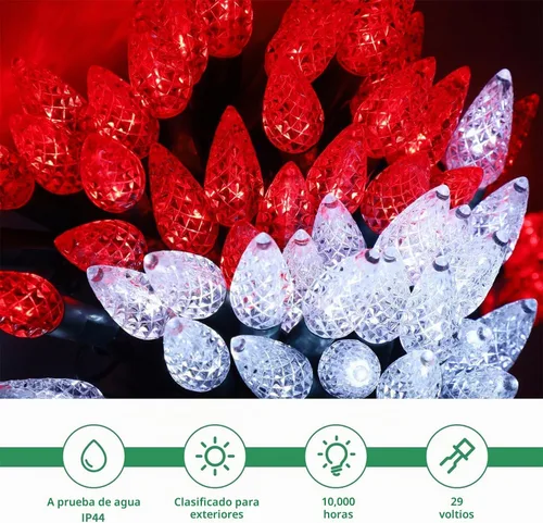 Vista 4 de WATERGLIDE Luces de Navidad C6, 100 luces LED de 33 pies, guirnalda de luces facetadas de alambre verde con adaptador seguro, 8 modos
