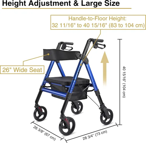 Vista 6 de AW Andador con asiento plegable, andador bariátrico vertical médico para personas mayores, aluminio resistente con doble freno, soporta hasta 450