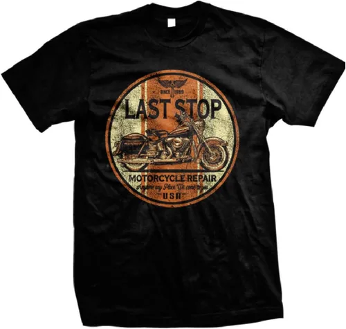 Vista 7 de Camiseta de moto Last Stop Biker Rider Route 66 Harley Vintage Mens Black Tee