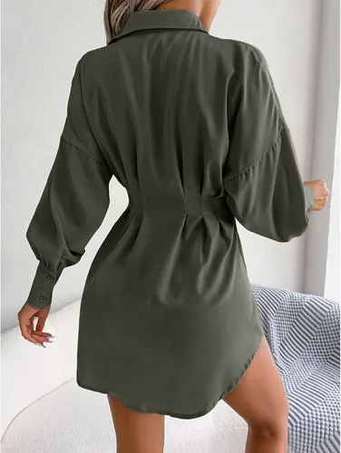 Vista 3 de TOPINCN Minivestido tipo camisa con cuello en V para mujer, estilo casual, manga larga, botones, fruncido, longitud hasta la rodilla, vestido
