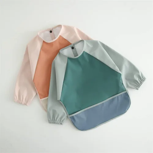 Vista 2 de Baberos impermeables para bebés, babero de alimentación de manga larga con recogedor de alimentos, se limpia y lavable