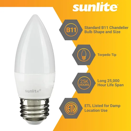 Vista 3 de Sunlite Bombilla LED B13 Torpedo decorativa, 7 vatios (60 W = ), 500 lúmenes, 120 voltios, regulable, base E26, certificación ETL, torpedo
