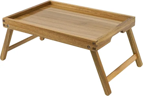Vista 12 de VaeFae Bandeja de mesa de cama de acacia, bandeja de desayuno de madera con patas plegables, bandeja de cama para comer y computadora portátil