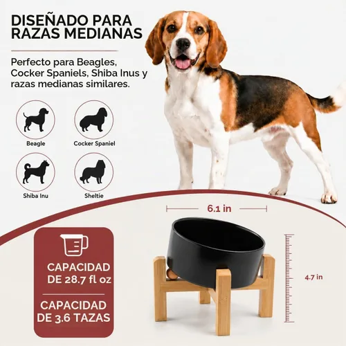 Vista 3 de hjn Cuenco elevado de cerámica para perros/cuencos elevados de cerámica para perros con soporte de bambú, comedero elevado inclinado de 15°