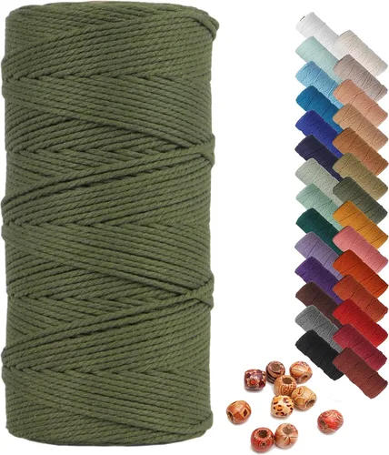 Vista 25 de Cordón de macramé beige de 0.078 pulgadas x 220 yardas, cuerda de algodón torcido de 4 hebras natural para colgar en la pared, manualidades, cordel