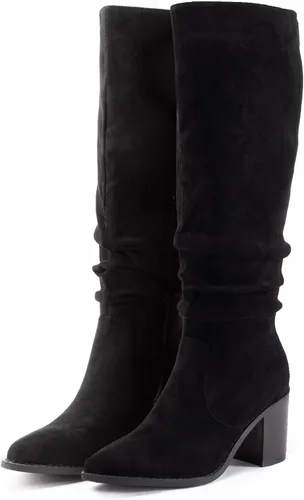 Vista 3 de Athlefit Botas de tacón alto y grueso para mujer, botas de gamuza sintética con puntera puntiaguda y cremallera lateral