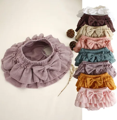 Vista 7 de Newborn Baby Girl Cotton Skirts with Built-in Shorts Toddlers Ruffle Diaper Covers Infant Skorts with Bows Headband
