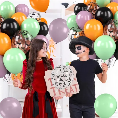 Vista 6 de 50 globos de Halloween, globos de 12 pulgadas, globos morados negros y anaranjados de 12 pulgadas, globos de confeti de murciélago, globos de látex